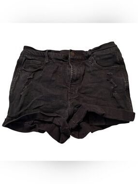 Hollister High Rise Black Distressed Denim Shorts W27 Size 5 Stretch Cuffed